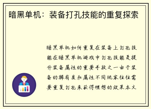 暗黑单机：装备打孔技能的重复探索