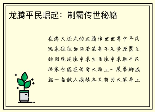 龙腾平民崛起：制霸传世秘籍