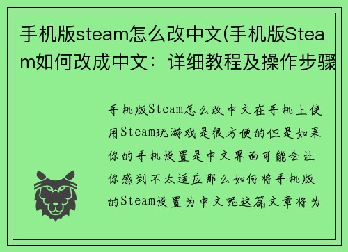 手机版steam怎么改中文(手机版Steam如何改成中文：详细教程及操作步骤)